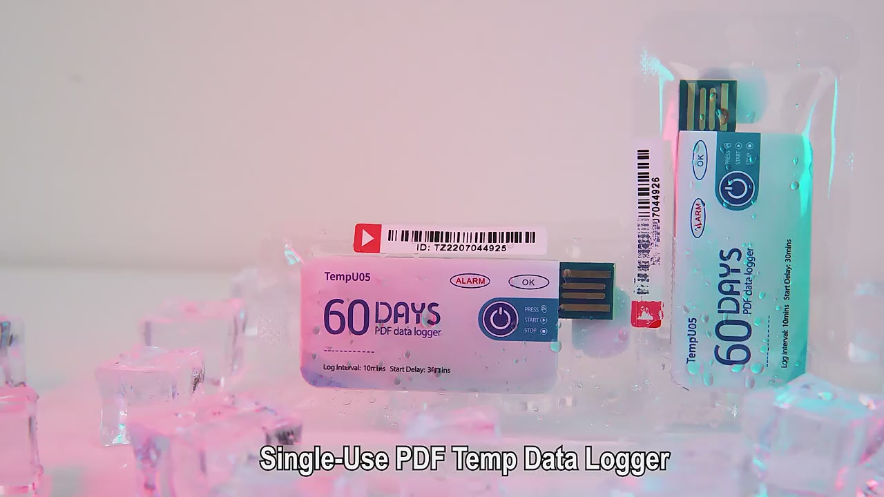 Produktbild von Fvoagaou Temperaturdatenlogger TempU05 – 60 Einweg-Datenlogger, USB, PDF-Report, Übertemperatur-Alarm, Ideal Für Lebensmittel, Medikamente & Chemie-Transport